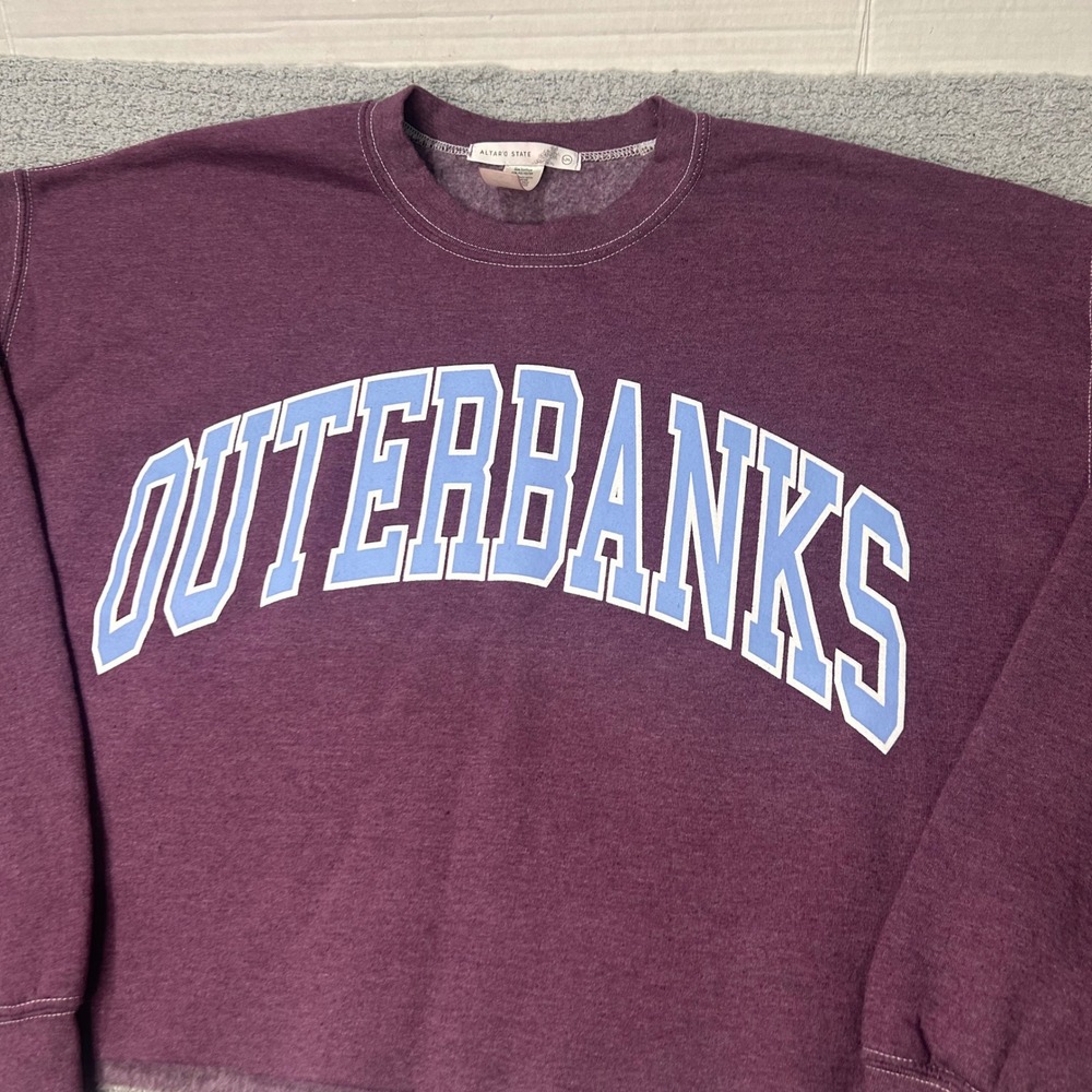 Altar'd State Sweatshirt Outer Banks L/XL Purple Cropped Coastal Boho Varsity - Picture 2 of 6